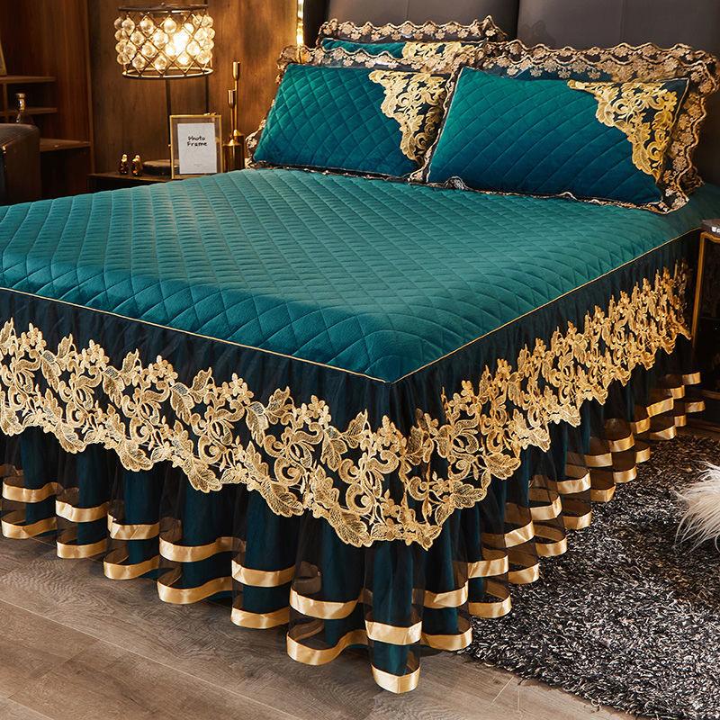 3 шт. Европейская бархатная юбка для кровати из хрусталя Зимнее кружевное бархатное покрывало Теплое Нескользящее Утолщенное Флисовое Постельное Белье Набор из трех предметов