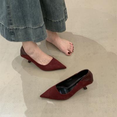 Французский темперамент туфли на высоком каблуке чувство 2025 весна и осень новые универсальные тонкий каблук мелкий вырез острый носок красные одинарные туфли женские