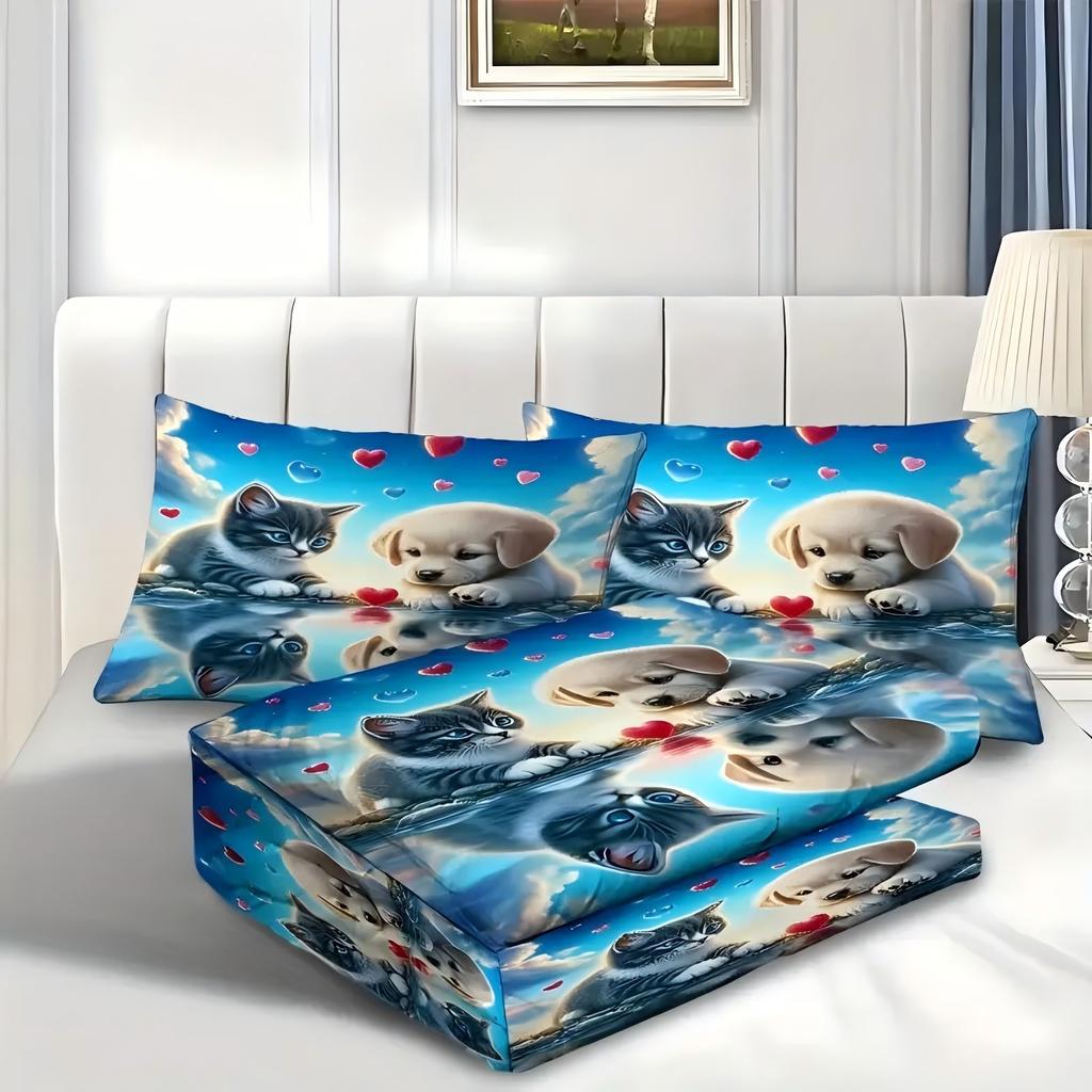 Cute Cat Dog Pattern 3D Printed Bedding Set Cute Animal Romantic Couple Theme Duvet Cover Soft Comfortable Luxury Quilt Cover
