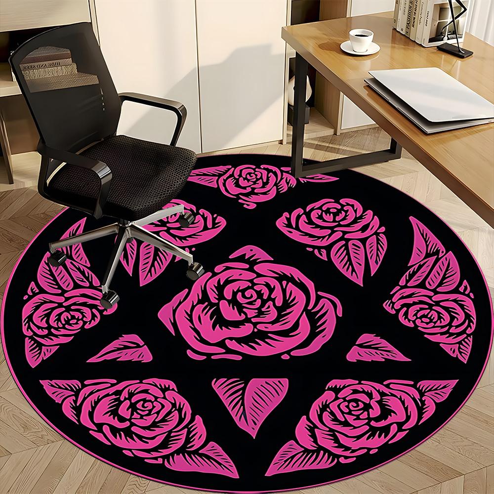 1pc Rose Floral Office Round Area Rug, Under Office Chairs Bedroom Living Room Home Decor, Room Deco, Available in Various Sizes