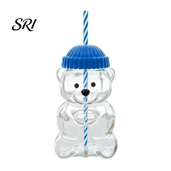 Eco Friendly Sippy Cup Bear Shape with Straw Lid 500ml Heat-Resistant Glass Tumbler Reusable Cold for Iced Coffee Milk Tea Juice