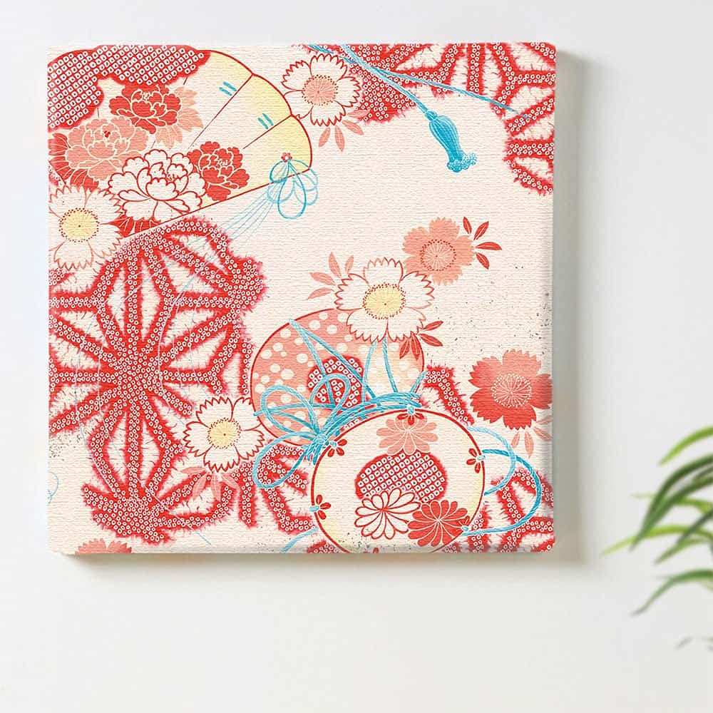 Japanese Kimono, Red Floral Fabric Wall Art Panel, 57 x 57 cm, Made in Japan