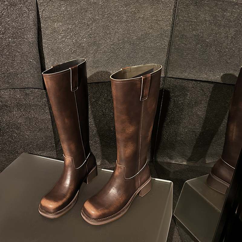 Krazing Pot Genuine Leather Spring Winter Shoes Thick Med Heels Riding Boots Retro Fashion Women Thigh High Boots