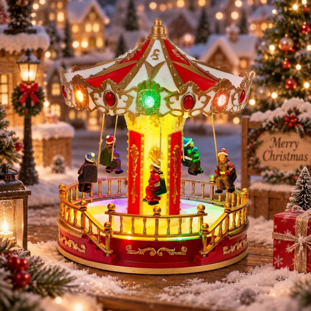 Animated Musical Christmas Carousel Pre-Lit Carnival Sky Swing Collection Indoor Village Accessory Fireplace Holiday Decoration