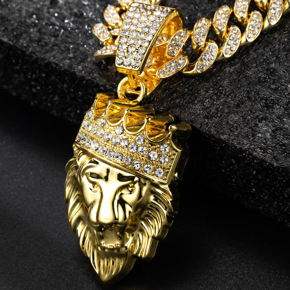 Men's Hip Hop 3D Crown Lion Head Pendant Necklace, with 13mm Cuban Chain Animal Lion Head Rock Necklaces Fashion Punk Jewelry