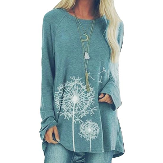 Женская туника больших размеров с принтом одуванчика, удлиненная рубашка с круглым вырезом и длинными рукавами, футболка-пуловер свободного кроя для работы, повседневной жизни