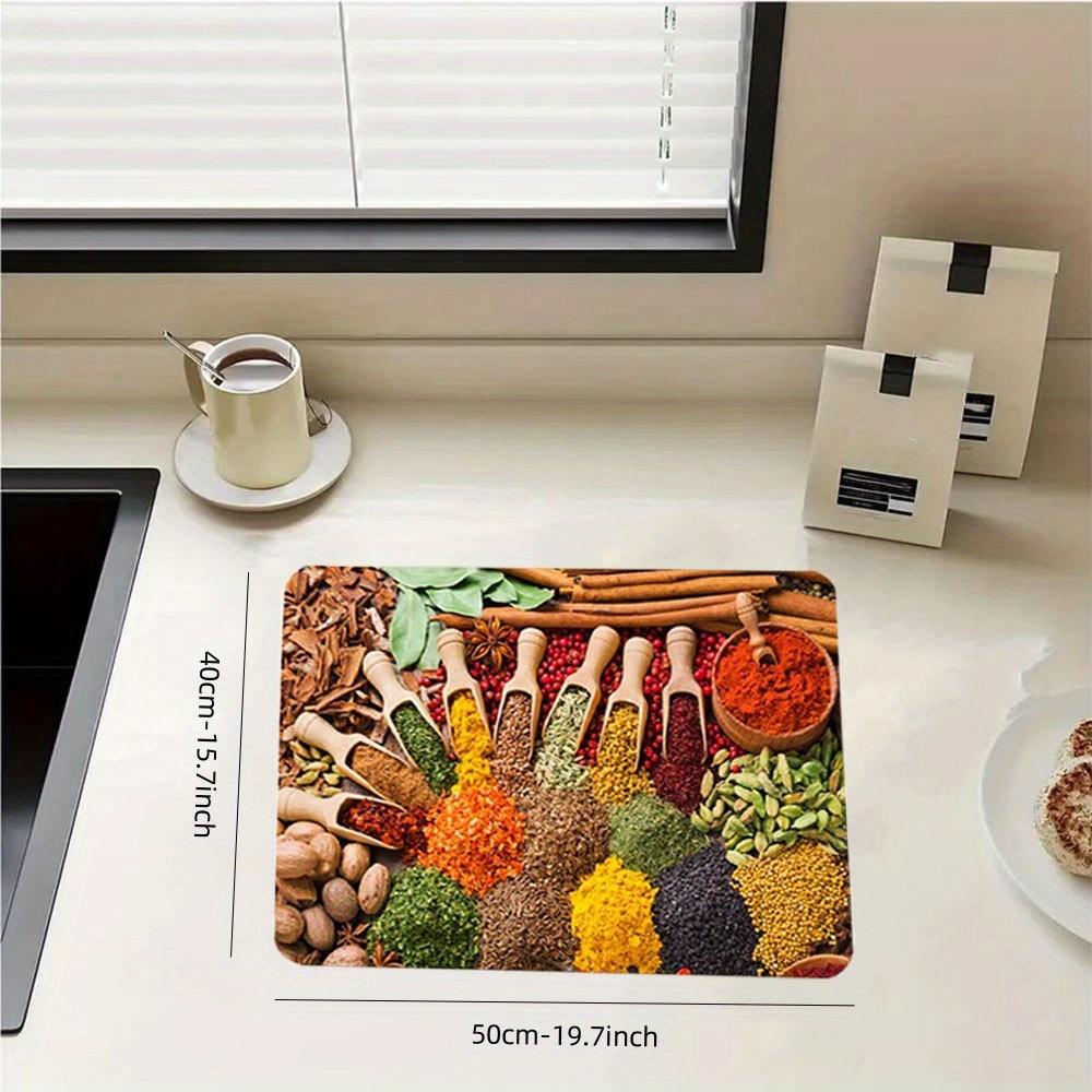 1 шт. резиновый кухонный коврик для сушки посуды с принтом приправ - нескользящий, впитывающий, подставка для посуды для домашнего декора, экономящий место