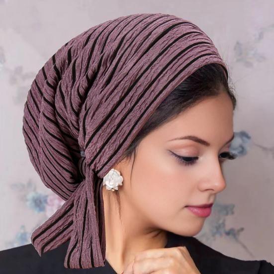 Women Headscarf Hat Striped Print Lace-up Turban Hat Hair Loss Chemotherapy Headwear Full Coverage Head Wrap