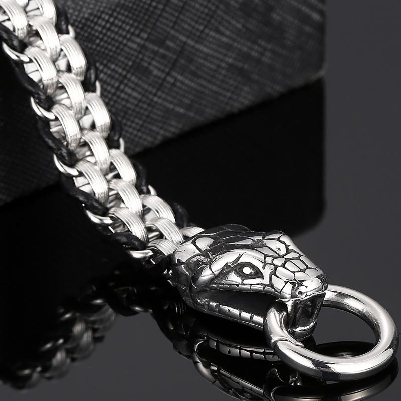 Готический однотонный браслет из нержавеющей стали со змеиной головой для мужчин, байкерский мужской браслет, плетеный кожаный ремешок на запястье со змеиной головой