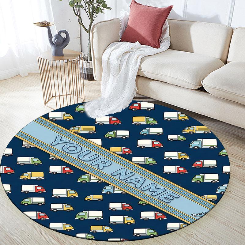 Custom Name,Truck Ribbon Label Doodle Series pattern round rug,Carpet Rug for Living Room Bedroom Playroom ,Non-slip Floor Mat,Holiday Gifts and Birth