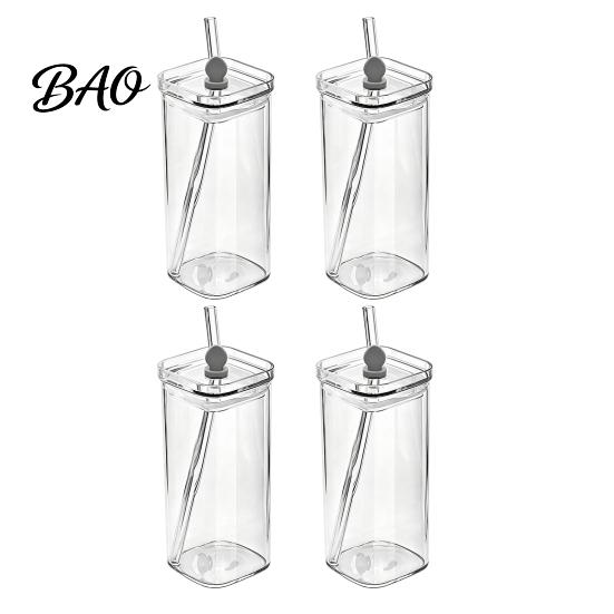 Versatile Glass Cups for Smoothies Cup with Lid And Straw, Square Clear Borosilicate Heat Stylish Parties Events Resistant Tumbler, Portable Drinking