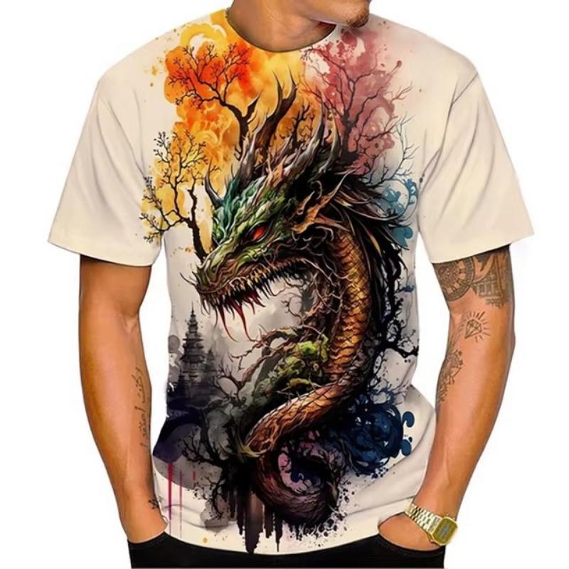 Dragon Floral 3D Print T-Shirts Men Fashion O-Neck Short Sleeve T Shirt Oversized Harajuku Y2k Tops Tees Men Clothing