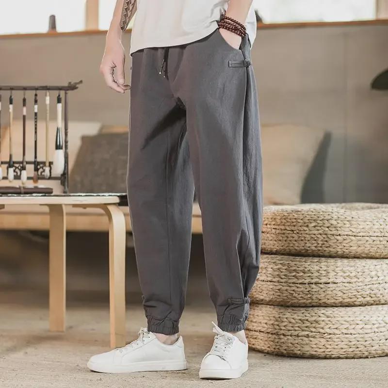 Men's Chinese Retro Tang Suit Ice Silk Wide-Leg Casual Trousers