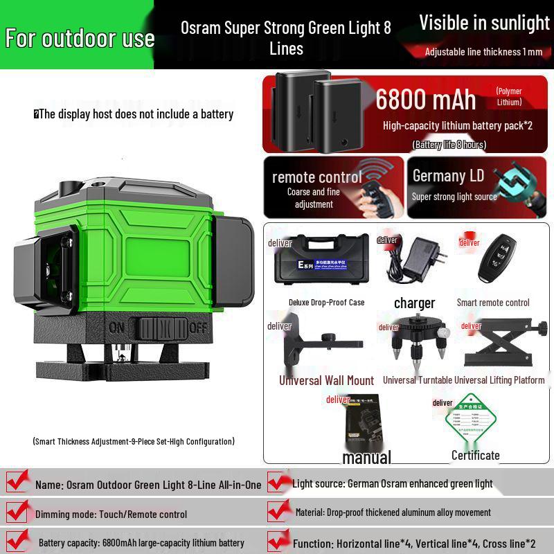 Green Light Laser 8/12/16 High-Precision Infrared Level for Walls/Floors
