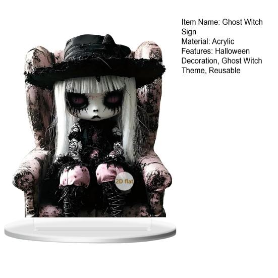Halloween Ghost Witch Table Sign with Base 2D Flat Acrylic Spooky Female Ghost Decoration Holiday Party Home Office Desktop Ornament
