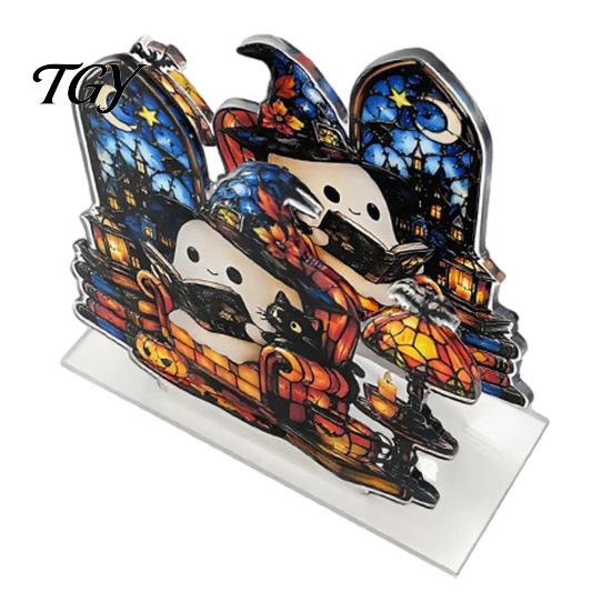 Halloween Napkin Holder Ghost Holder, Acrylic Stained Glass Style Stand, Modern Table Ornament Freestanding Tissue Paper Dispenser for Kitchen Dining