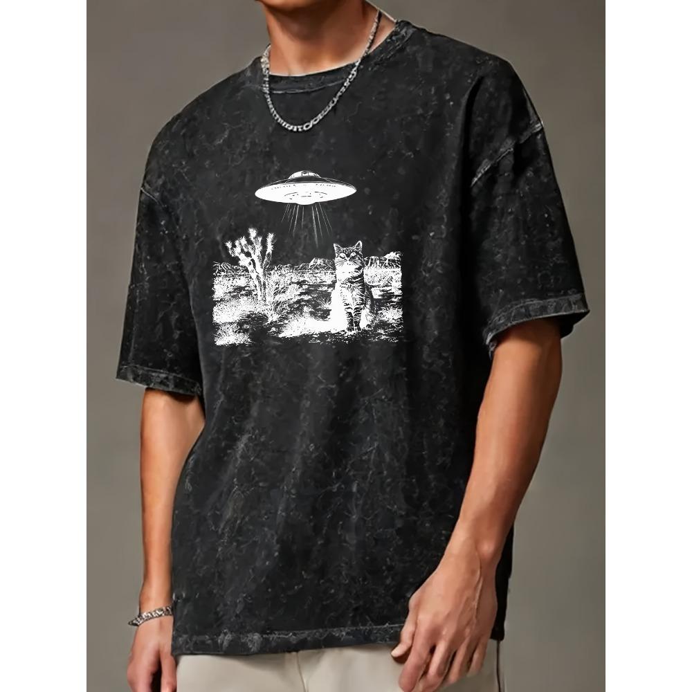 Men's Oversized UFO Cat Graphic T-Shirt Black Cotton Loose Fit Casual Tee for Summer Street Style Hip Hop Top with Short