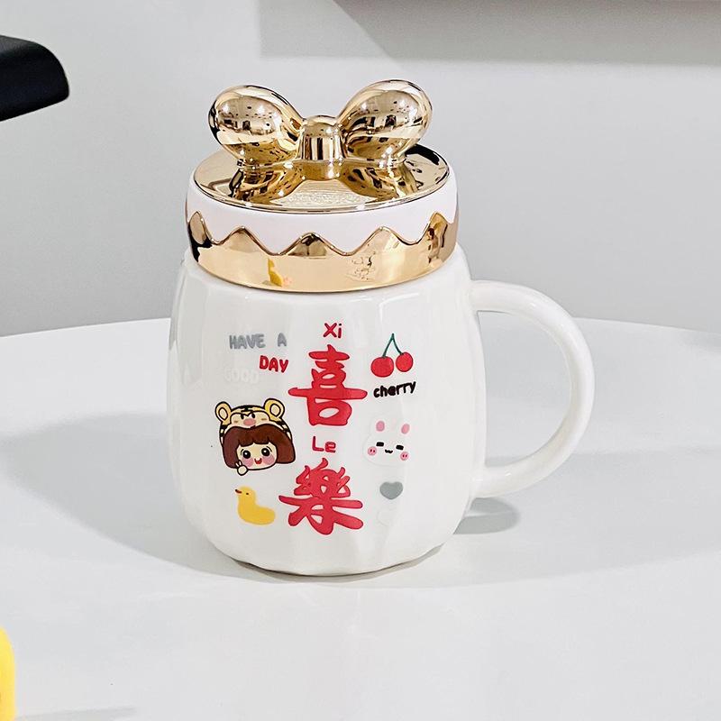 Cute Cake Cup with Lid Cartoon Ceramic Cup High Value Large Capacity Household Set Mug Girls Water Cup