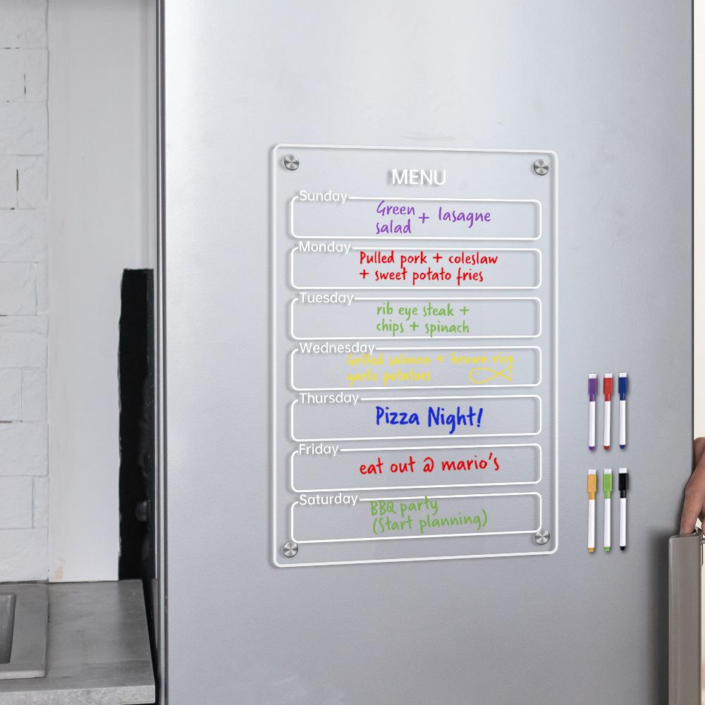 Clear Acrylic Magnetic Dry Erase Board Weekly Planner 8.27x11.7in Writing Board Fridge Reusable Planner with 6 Color