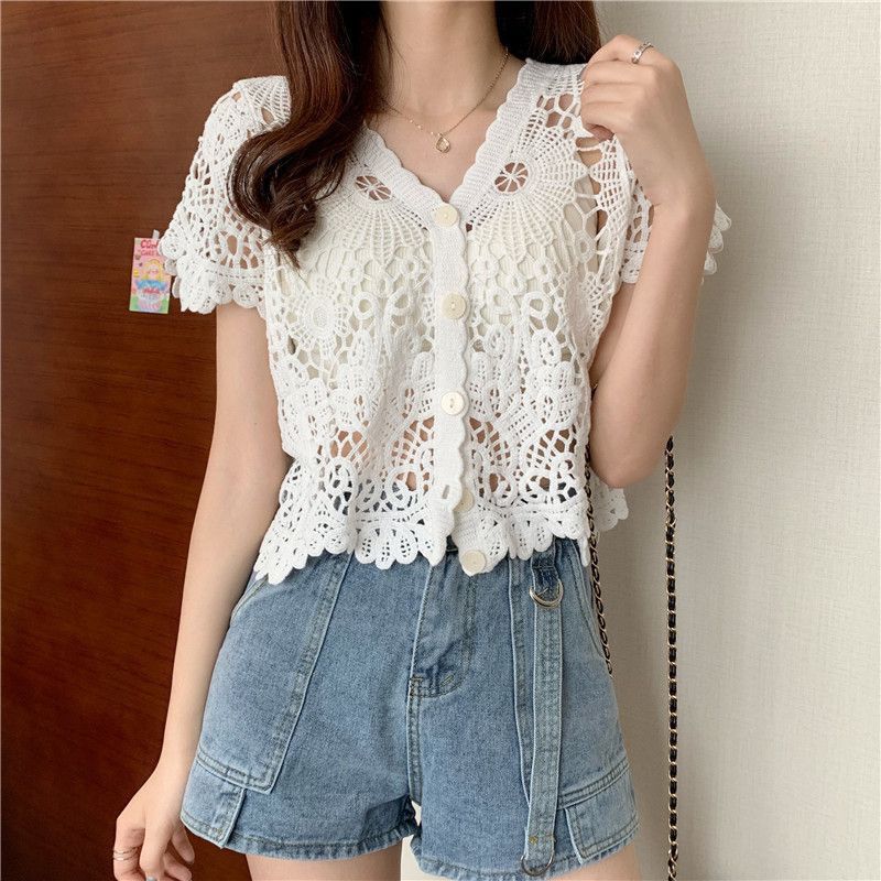 Ажурный вязаный кардиган с короткими рукавами, кружевной, тонкий, шаль, верхняя одежда, летняя мода, женский, приталенный топ