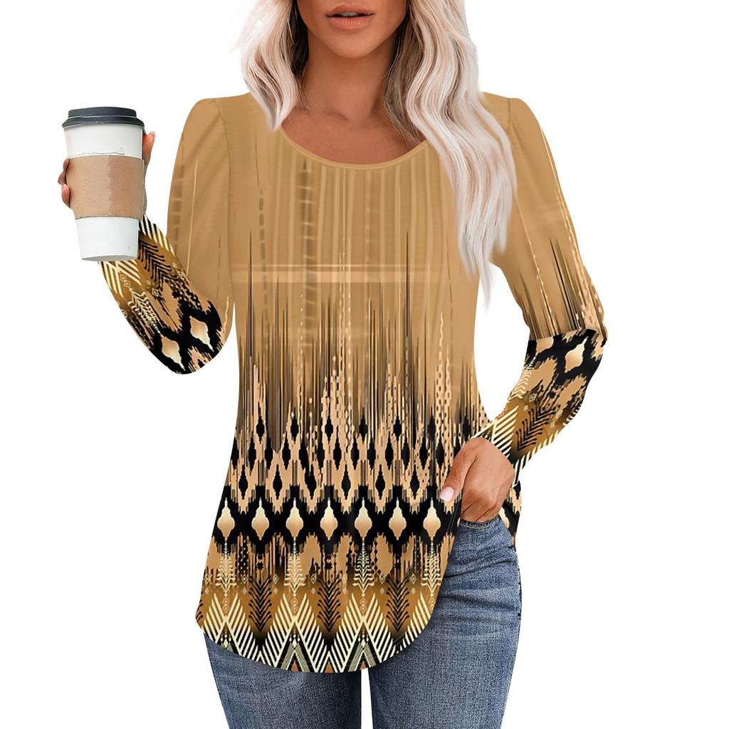 Рубашки с длинным рукавом для женщин, топы, нарядные повседневные блузки, плиссированные топы-туники с круглым вырезом