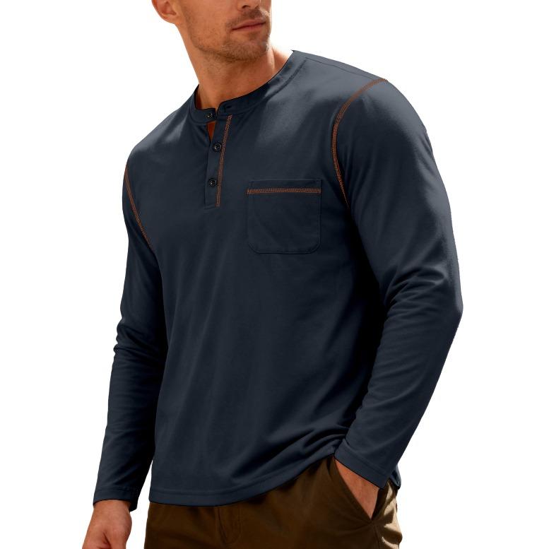 Fashion European and American fashion spring and summer men's long-sleeved stand-up collar Henry shirt, solid color business leisure sports long-sleev
