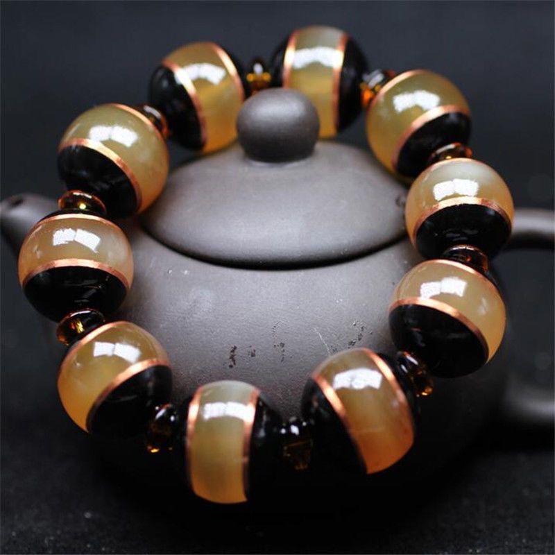 20mm Natural Agate Chalcedony Inlaid Beaded Bracelet Chinese Style Handmade Unisex Jewelry Gift
