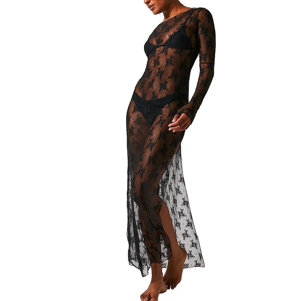 Women 's See-Through Lace Dress, Long Sleeve Round Neck Slit Hem Dress Chemise Beach Vacation Party Wear