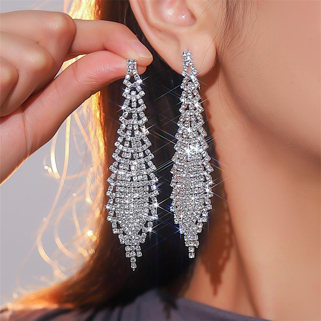 Temperament Luxury Long Leaf Earrings Shiny Diamond Earrings Elegant Trend Earrings Jewelry Women's Earrings