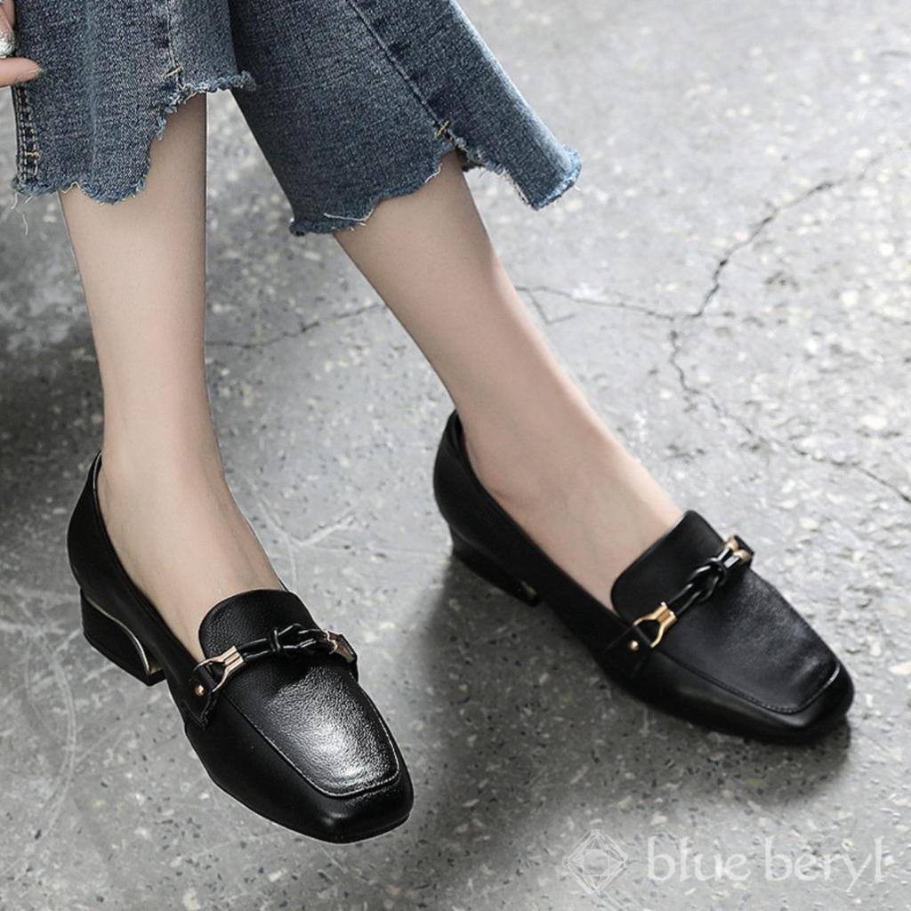Blue Beryl Genuine Leather Loafers with Chunky 3cm and Square Women's Heels, Heels, Toes, Black, BB006-BK235