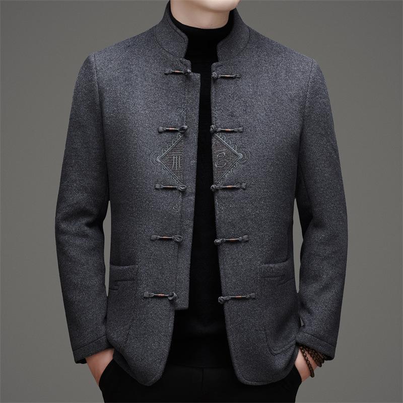 Мужской зимний ретро-пальто в китайском стиле Mancibo со стойкой и съемной пуговицей-лягушкой.