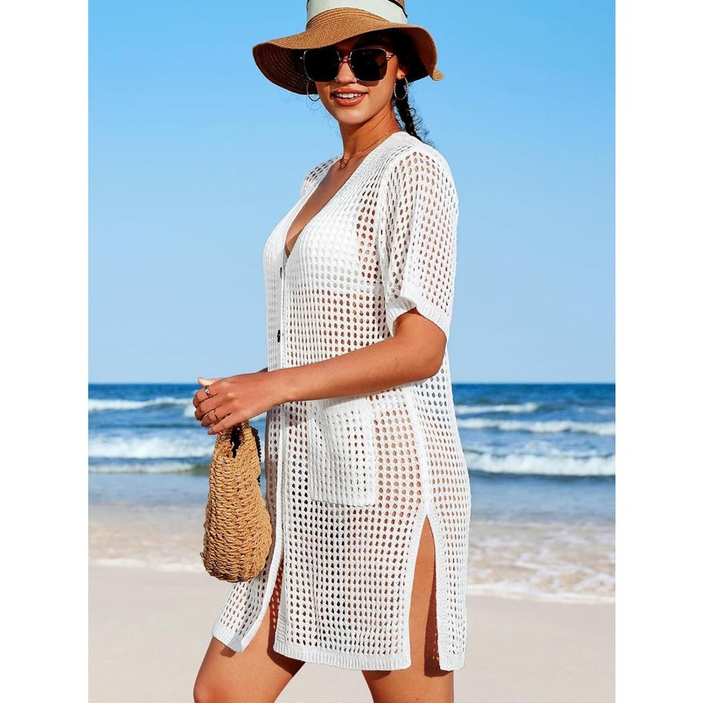 Charmleaks купальник накидка женское вязаное крючком пляжное платье на пуговицах с боковым разрезом купальный костюм накидки карманные купальники