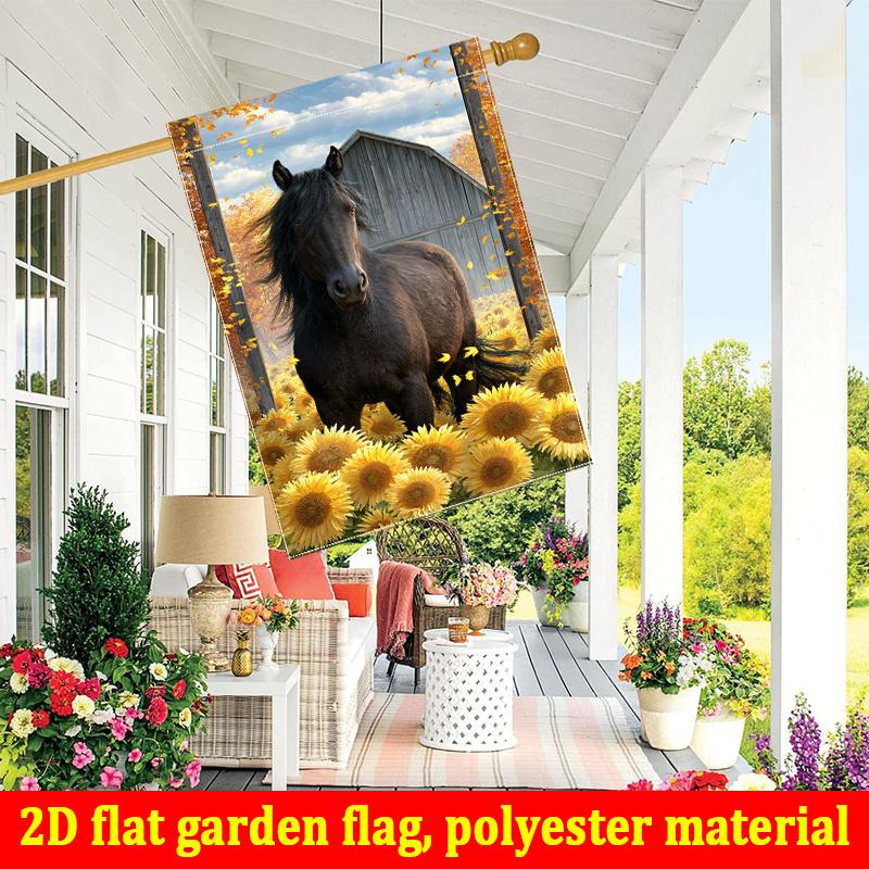 2D Flat - 2D Flat - 2D Flat, 2D Flat Printing 1pc Autumn Barn Black Horse Sunflower Pattern Print Garden Flag - Double-Sided Garden Flag, Outdoor Deco