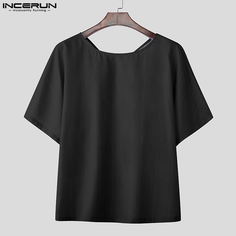 INCERUN Летние мужские футболки с коротким рукавом, полосатым узором на спине, бантом и оборками для вечеринок