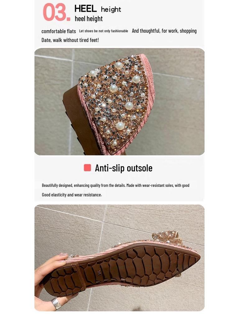 Женские туфли в корейском стиле 2025 года с острым носком, жемчугом и стразами, слипоны - мягкая подошва, неглубокий вырез, мода весна/осень