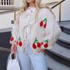 Cherry Embroidered Jacquard Cardigan Sweater Women Autumn Winter  Fashion Strap Knitted Sweaters Coat Long Sleeve Knitwear