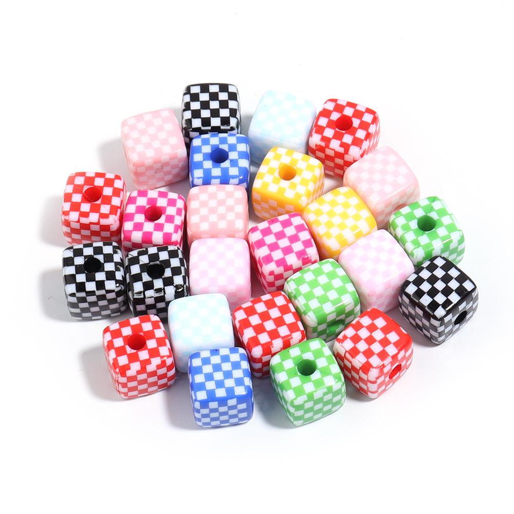 10Pcs 13mm Acrylic Beads Colorful Checkerboard Pattern Large Hole Square Beads For Craft Bracelet Making DIY Jewelry Accessories