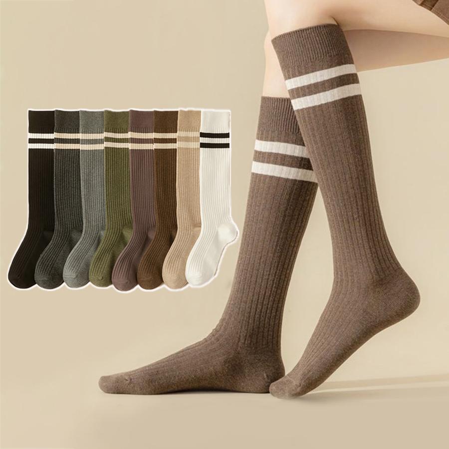 Хлопковые носки из телячьей кожи для женщин, средние носки, модные женские полосатые чулки в стиле колледжа