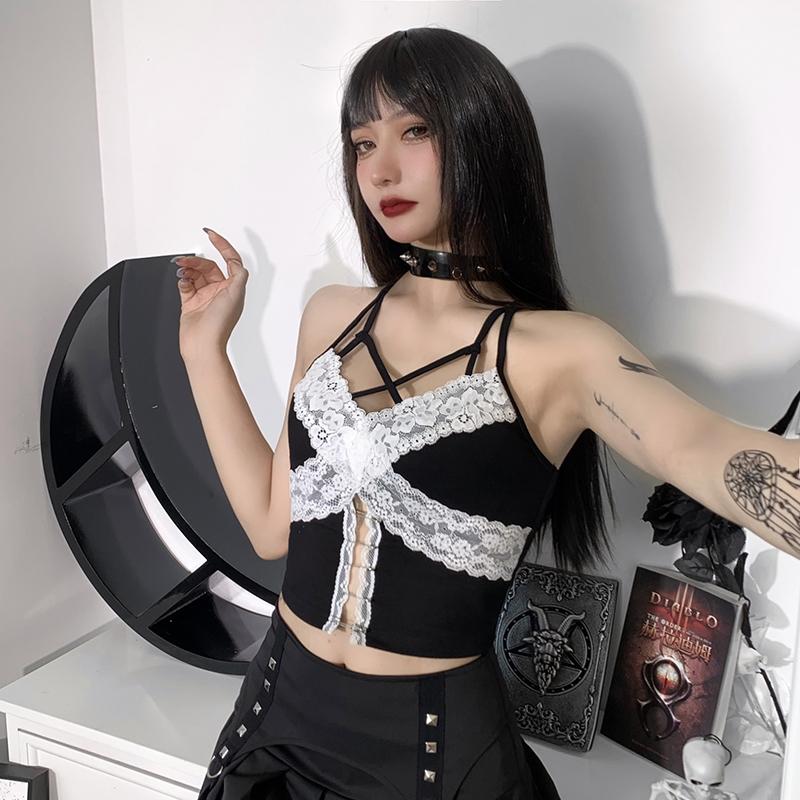 Готическая фея гранж кружева ажурные топы эстетичные сексуальные черные бретельки спагетти укороченные топы с открытой спиной Y2K уличная одежда панк топы