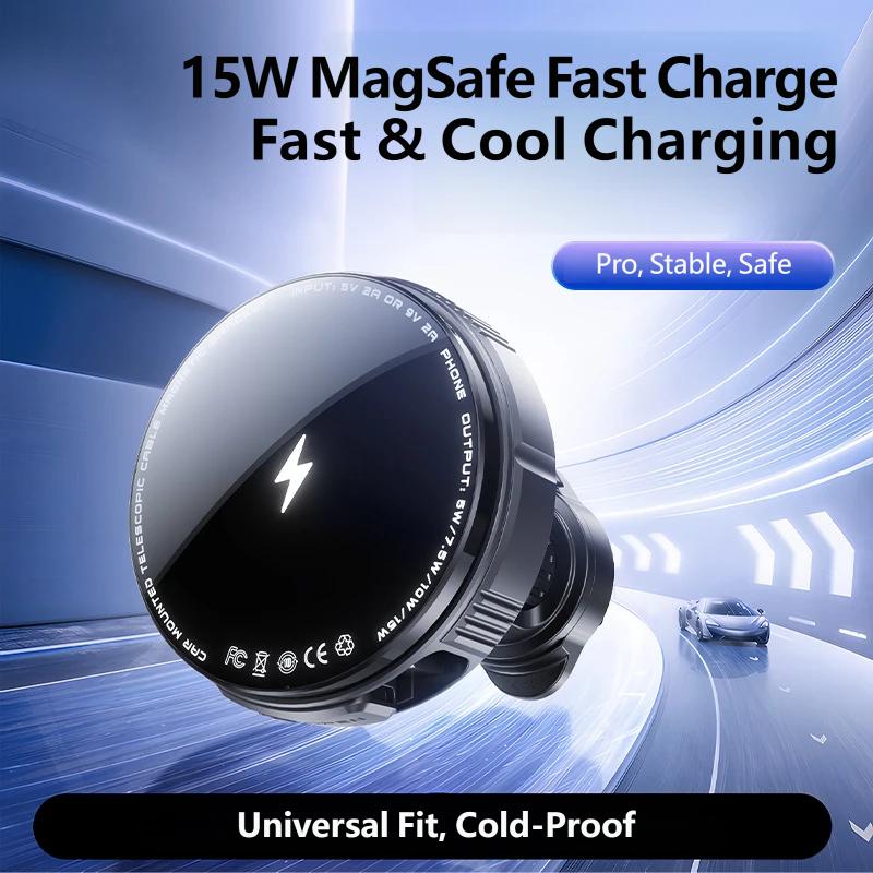 Magnetic Car Wireless Charger Vent Mount for iPhone, Retractable Cable Fast Charging 15W MagSafe Compatible Phone Holder with Strong Magnet