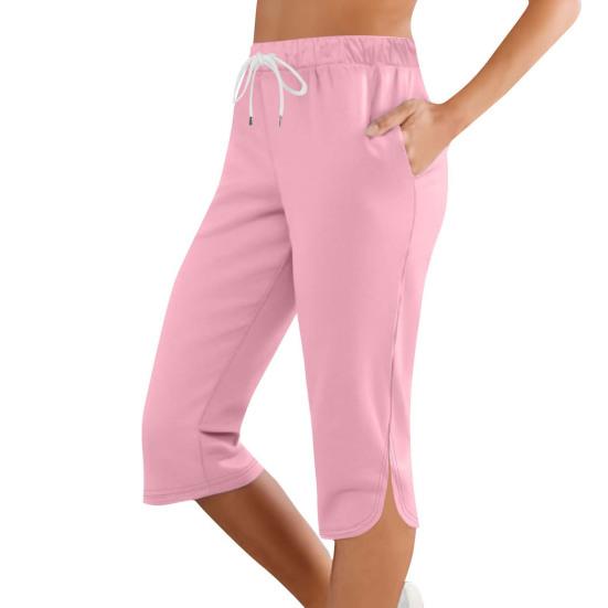 Women Cropped Pants Elastic Waist Adjustable Drawstring Solid Color Mid-calf Length Pants with Pockets Daily Wear