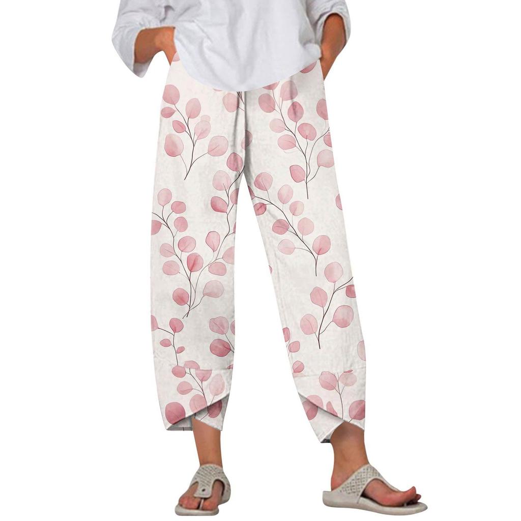 Брюки женские летние повседневные широкие брюки с эластичной резинкой на талии и принтом с карманами