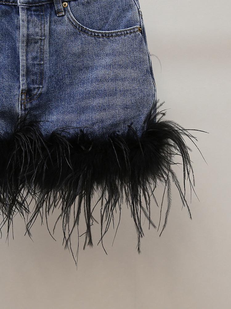 Осенняя французская юбка миди из денима с перьями