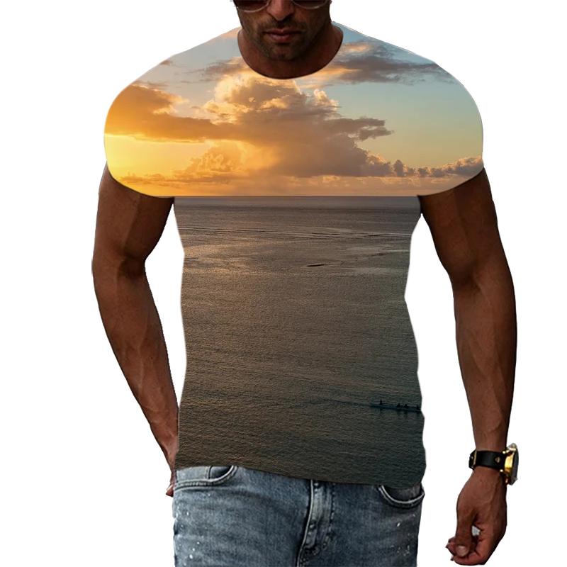 Летние удобные мужские футболки с принтом природного пейзажа, модные футболки с графическим принтом пейзажа, футболки с коротким рукавом и рисунком пляжа и моря, топы