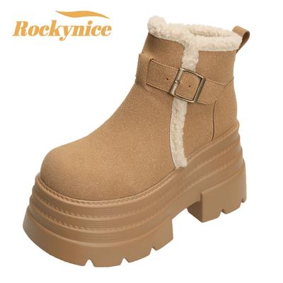 Новые зимние женские теплые сноубутсы, уличные плюшевые ботильоны, нескользящие кроссовки из толстой кожи с пряжкой, короткие меховые ботинки для женщин 10 см