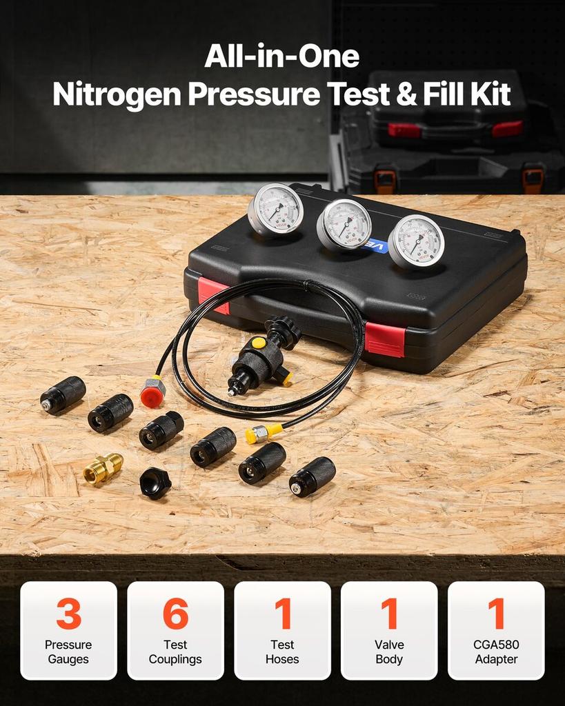 Hydraulic Nitrogen Accumulator Charging Kit, All-in-One Nitrogen Fill Kit, Pressure Test System with 3 Gauges (100, 250, 400 Bar), 6 Adapters