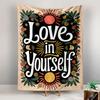 Boho Inspirational Quote Wall Tapestry Love in Yourself Retro Sun Moon Floral Frame Black Cream Decor for Bedroom Living Room