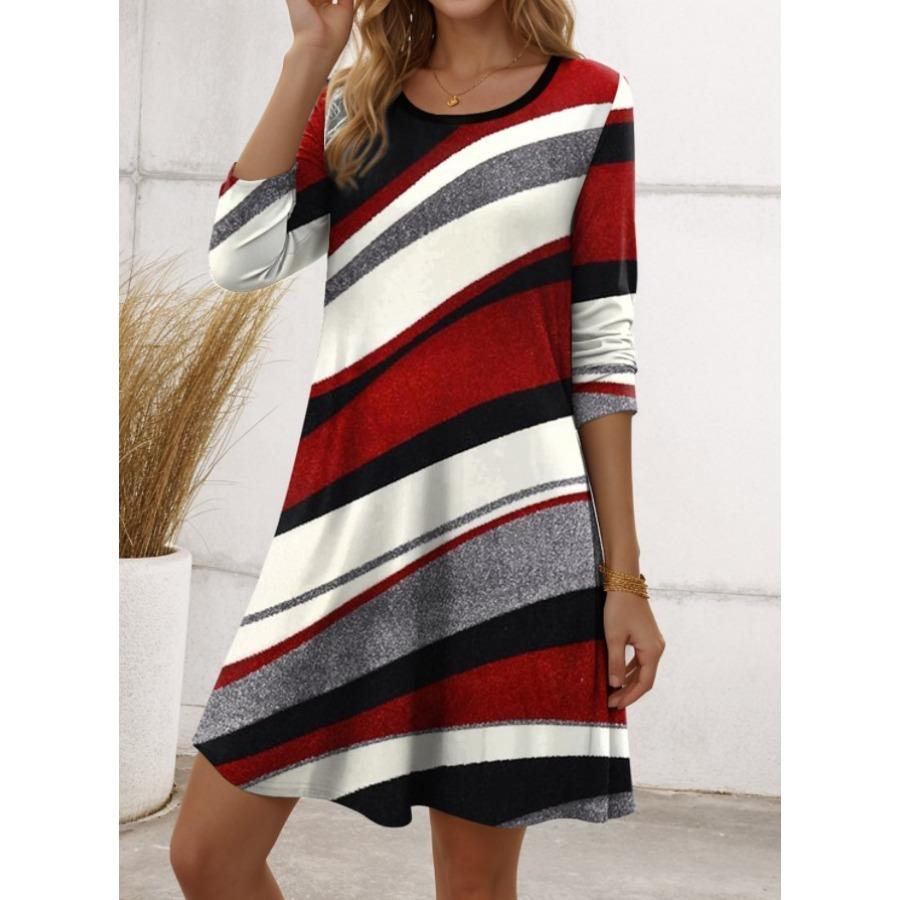 Женские платья Весенне-осеннее повседневное свободное разноцветное платье с длинным рукавом и круглым вырезом с принтом