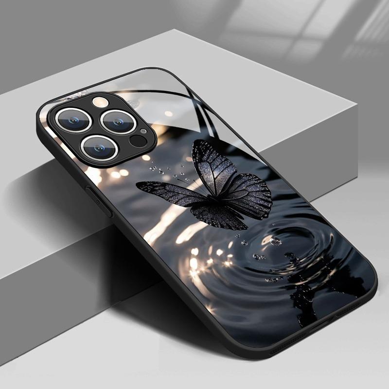 Премиальный чехол из закаленного стекла с узором "Черная бабочка" для iPhone 17 16 15 14 13 12 11 Pro Max 17Air 16E 7 Plus XR XS X