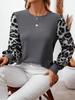 Женская футболка с длинным рукавом, круглым вырезом и леопардовым принтом, пэчворк, Осень/Зима 2024
